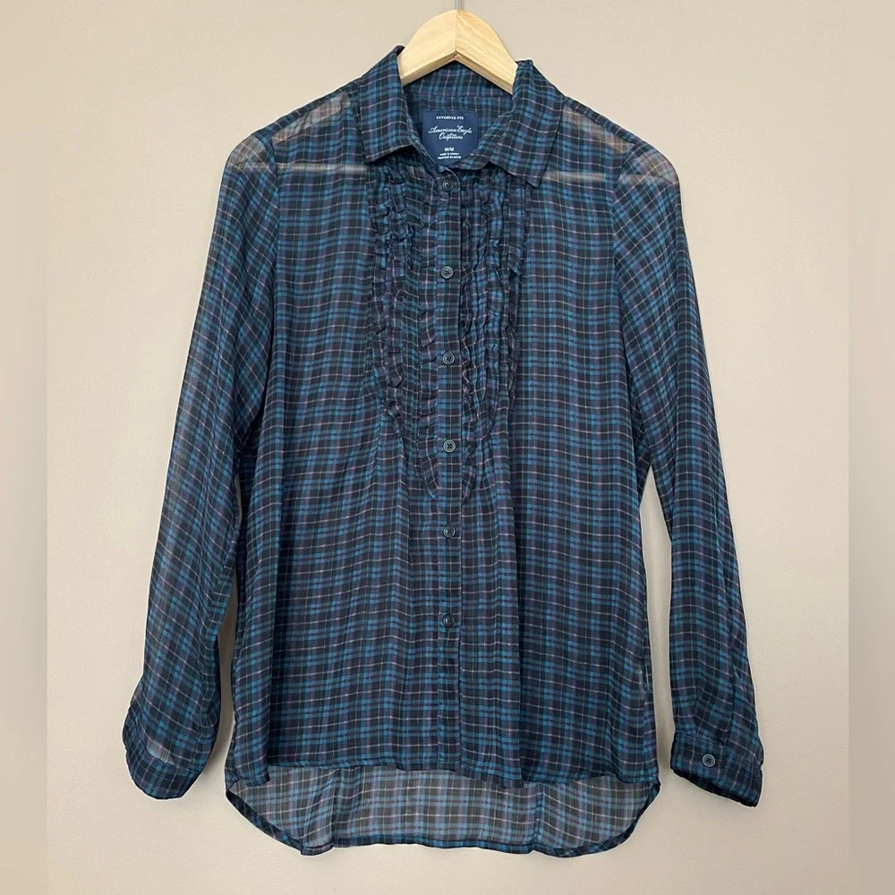{American Eagle} Plaid Semi-Sheer Button Down Shirt with Ruffle Trim - Medium - Picture 1 of 9